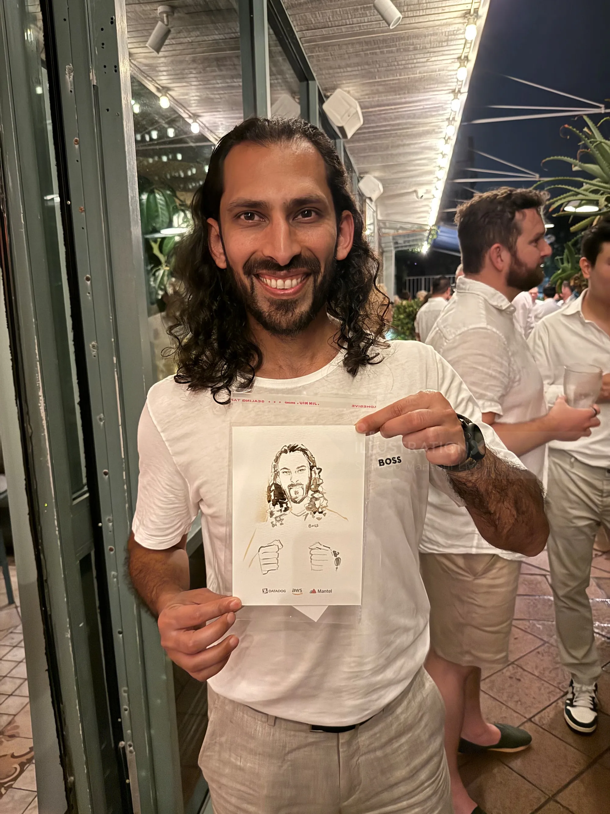 Man holding live guest illustration at Amazon's White Out Party by Sunwoo Mansour