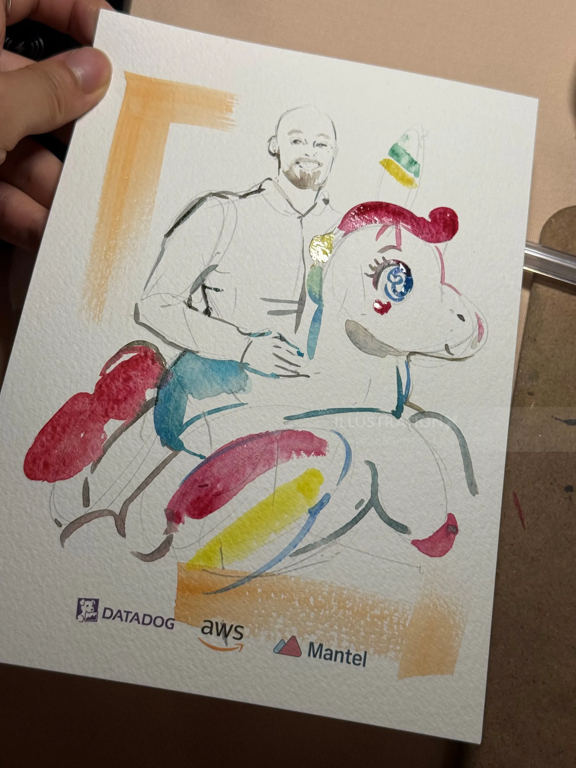 Live illustration of a man riding a colorful unicorn by Sunwoo Mansour