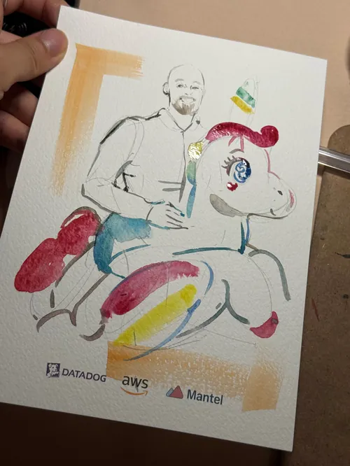 Live illustration of a man riding a colorful unicorn by Sunwoo Mansour