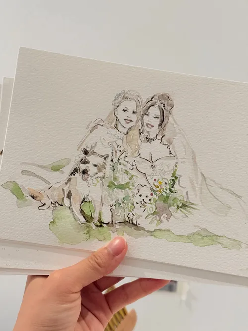 Watercolor painting of bride and young girl by Sunwoo Mansour