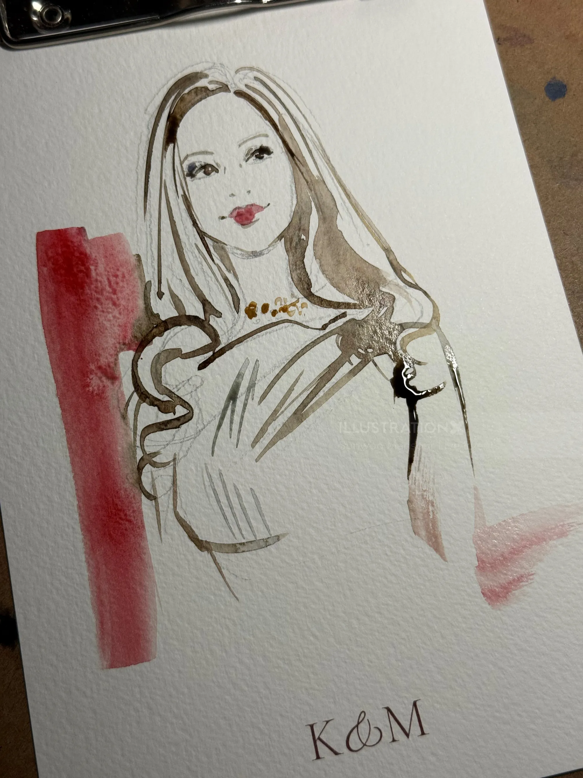Watercolor portrait sketch of a woman at a pre-wedding event by Sunwoo Mansour