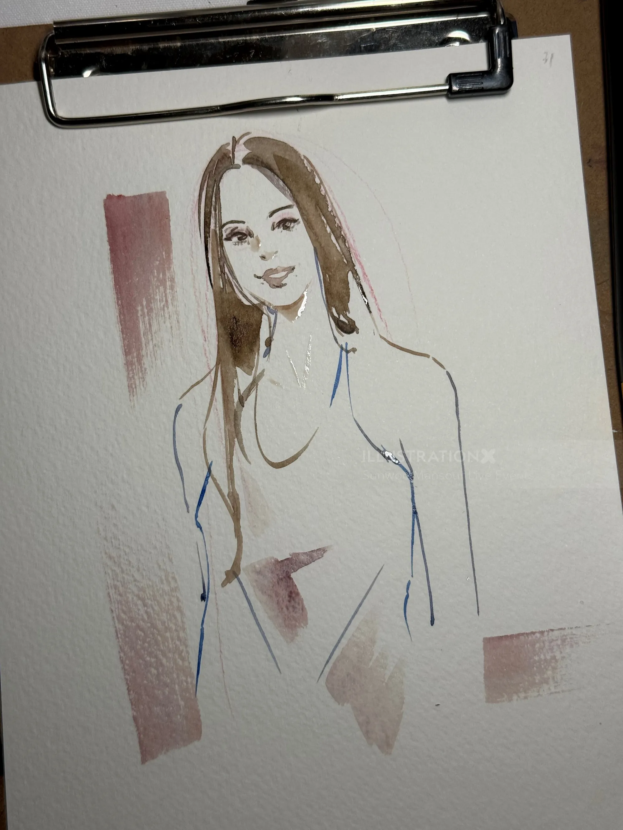 Watercolor live sketch of a woman at a pre-wedding event by Sunwoo Mansour