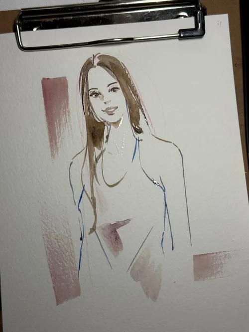 Watercolor live sketch of a woman at a pre-wedding event by Sunwoo Mansour