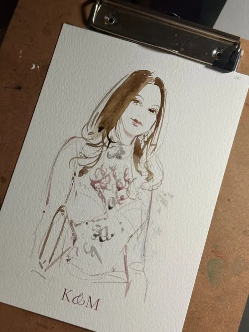 Watercolor sketch of a woman at a pre-wedding event by Sunwoo Mansour
