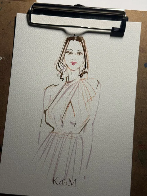 Live guest sketch of woman in evening dress by Sunwoo Mansour