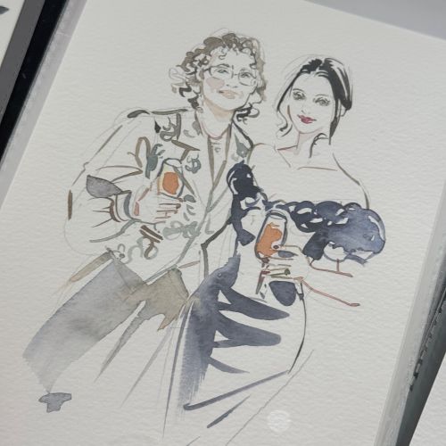Watercolor painting of two women holding drinks by Sunwoo Mansour
