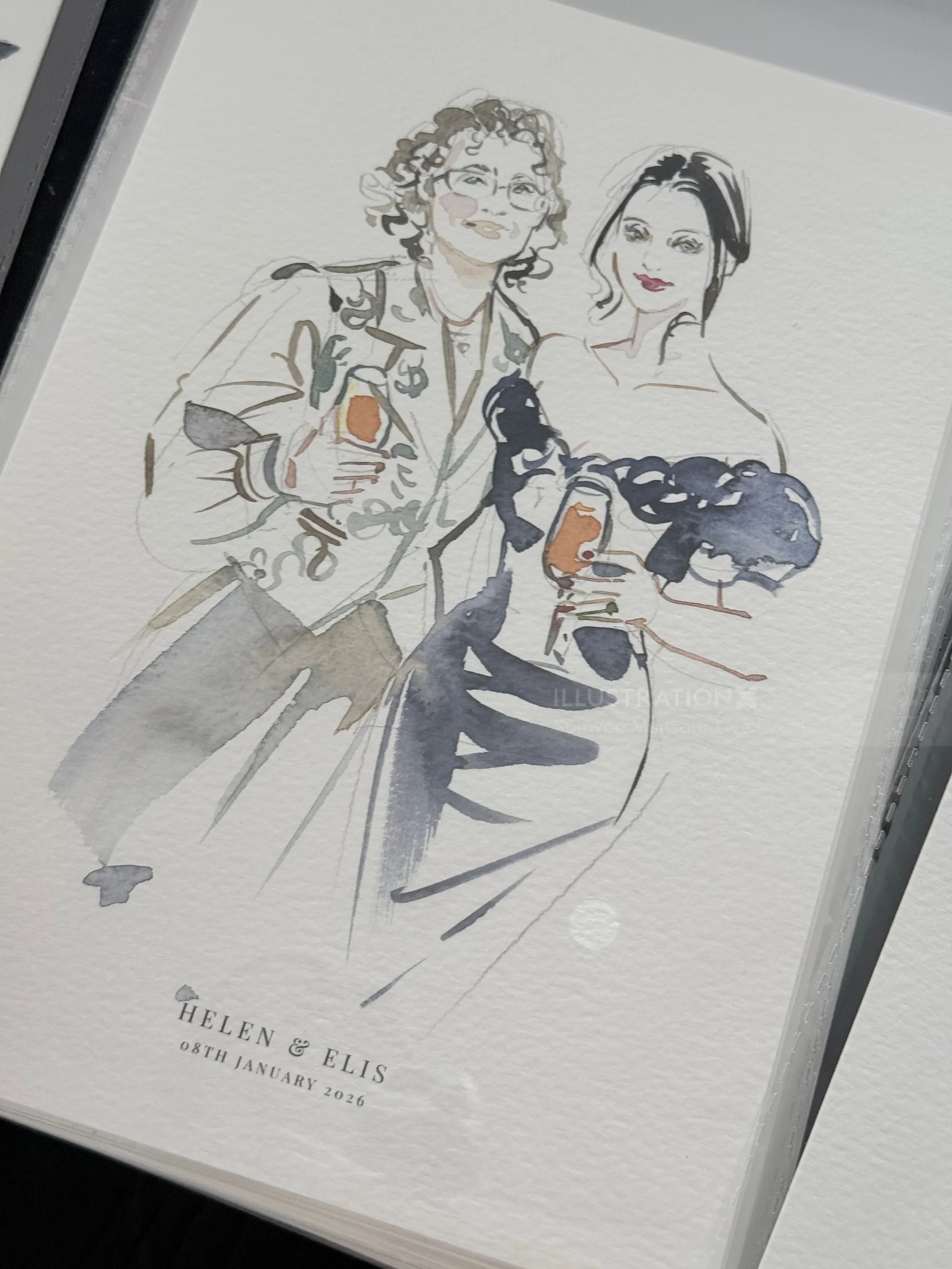Watercolor painting of two women holding drinks by Sunwoo Mansour