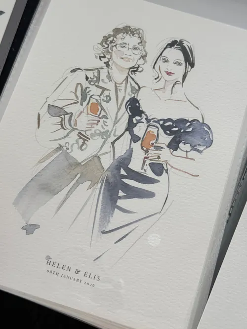 Watercolor painting of two women holding drinks by Sunwoo Mansour