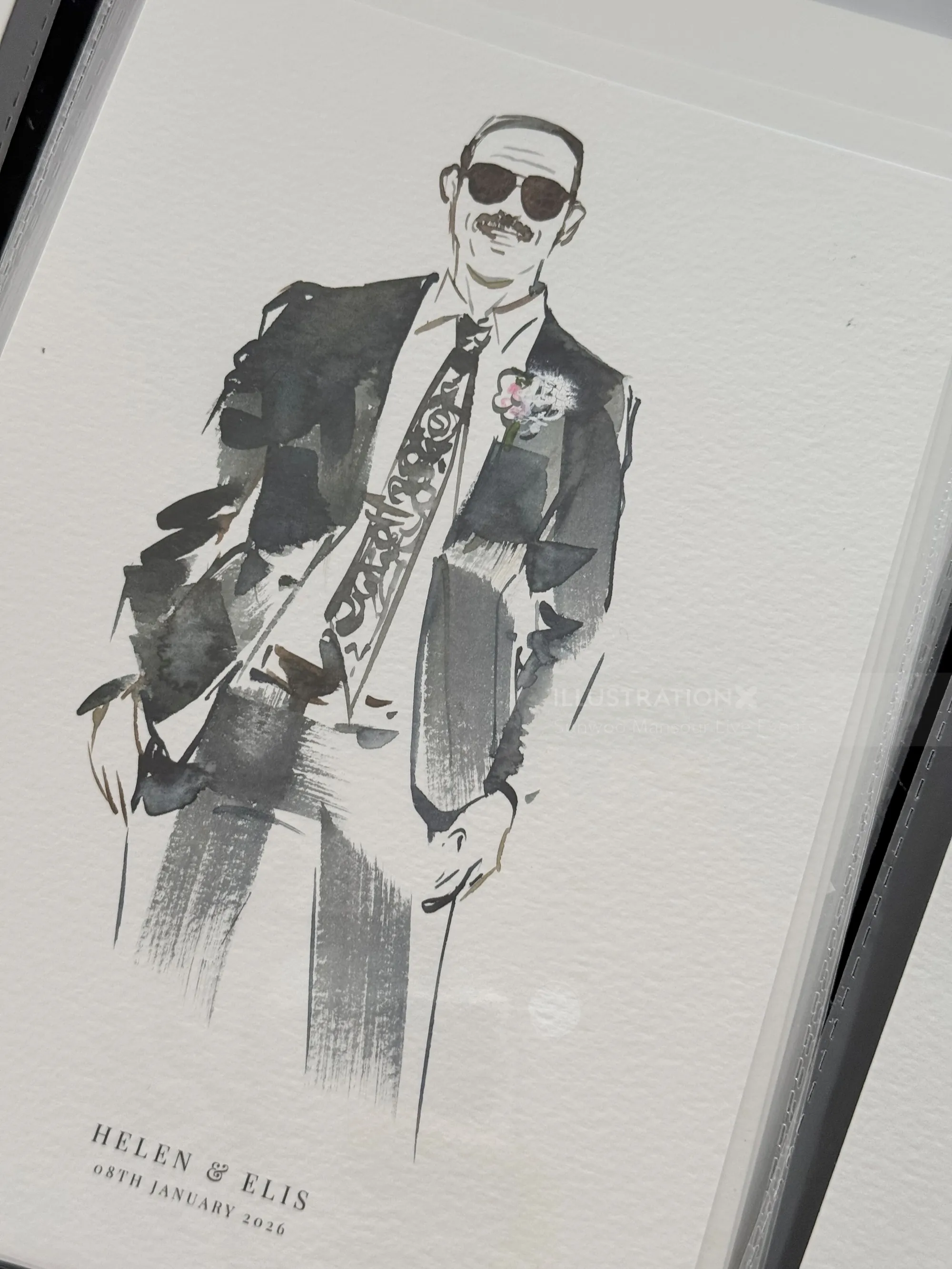 Illustration of elegant man in black suit and patterned tie by Sunwoo Mansour