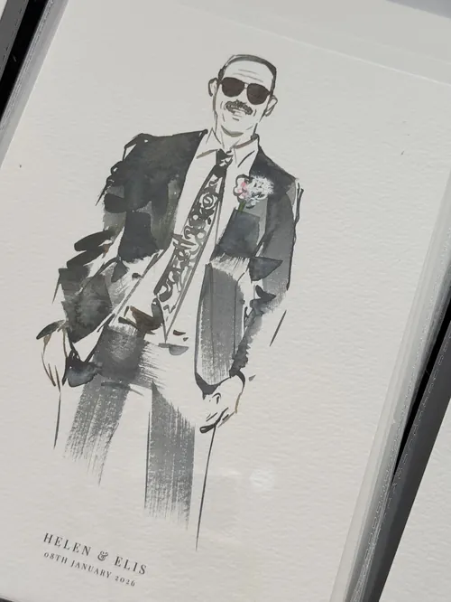 Illustration of elegant man in black suit and patterned tie by Sunwoo Mansour
