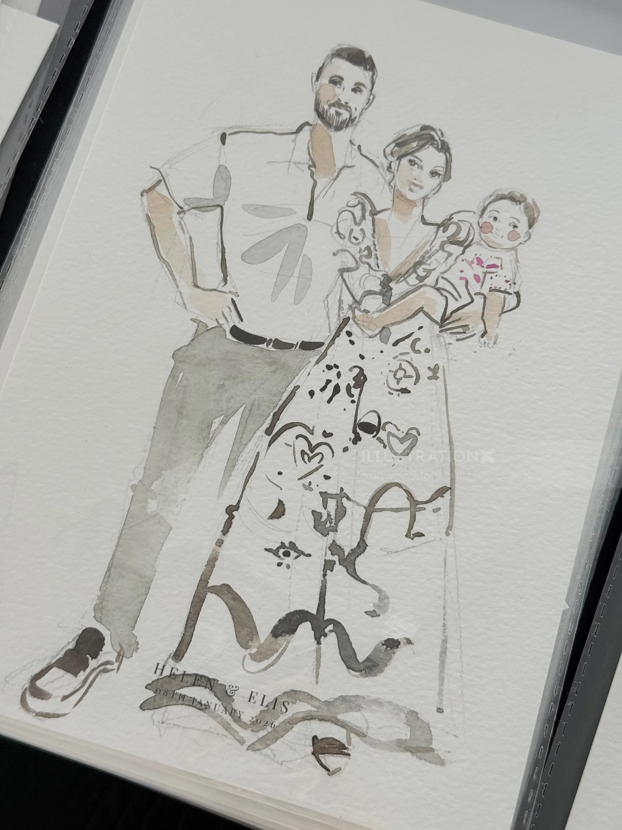 Watercolor family portrait of a man, woman, and child by Sunwoo Mansour