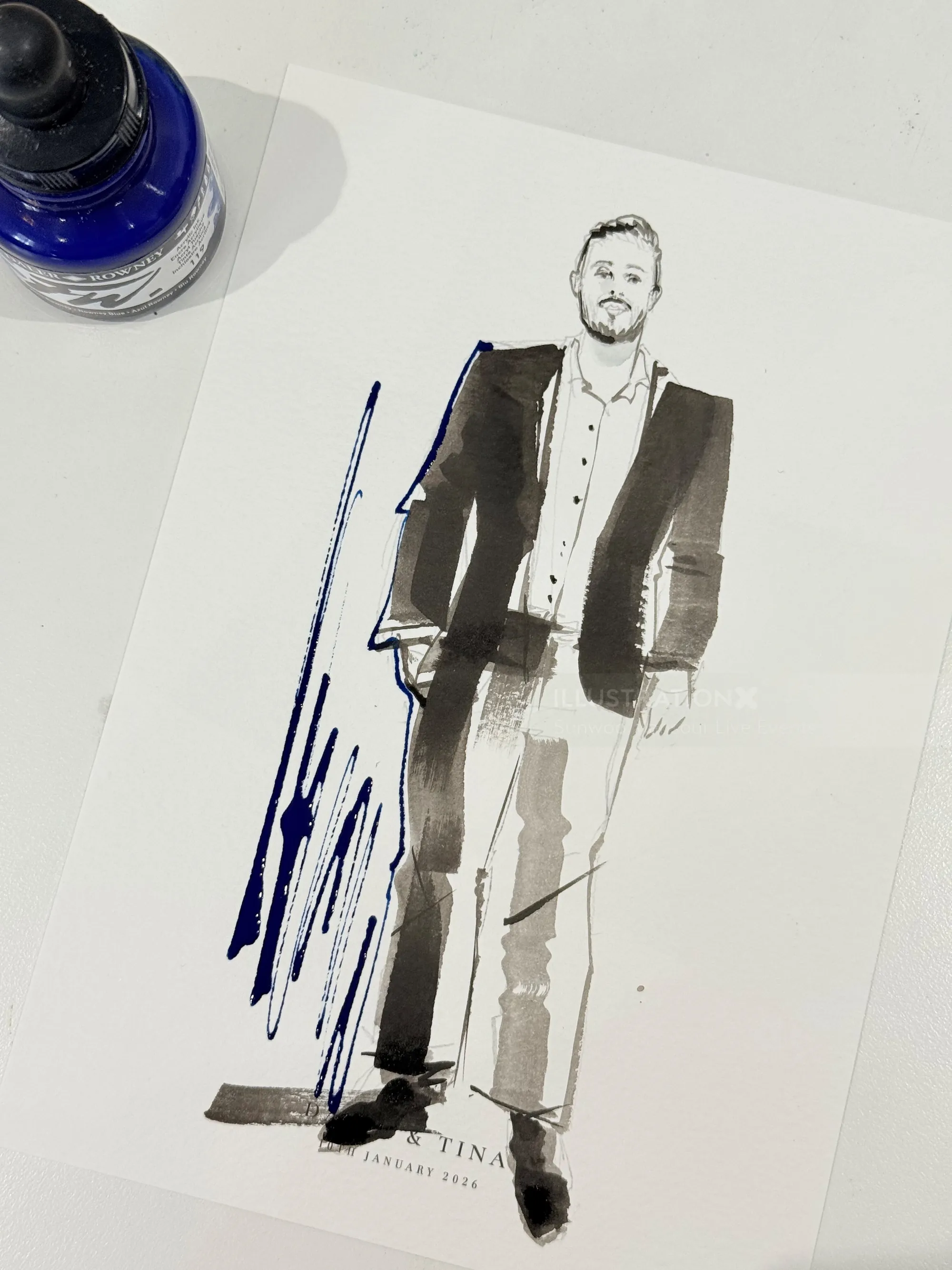 Ink sketch of a man standing in a suit by Sunwoo Mansour