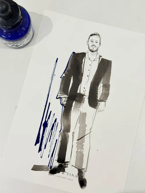 Ink sketch of a man standing in a suit by Sunwoo Mansour