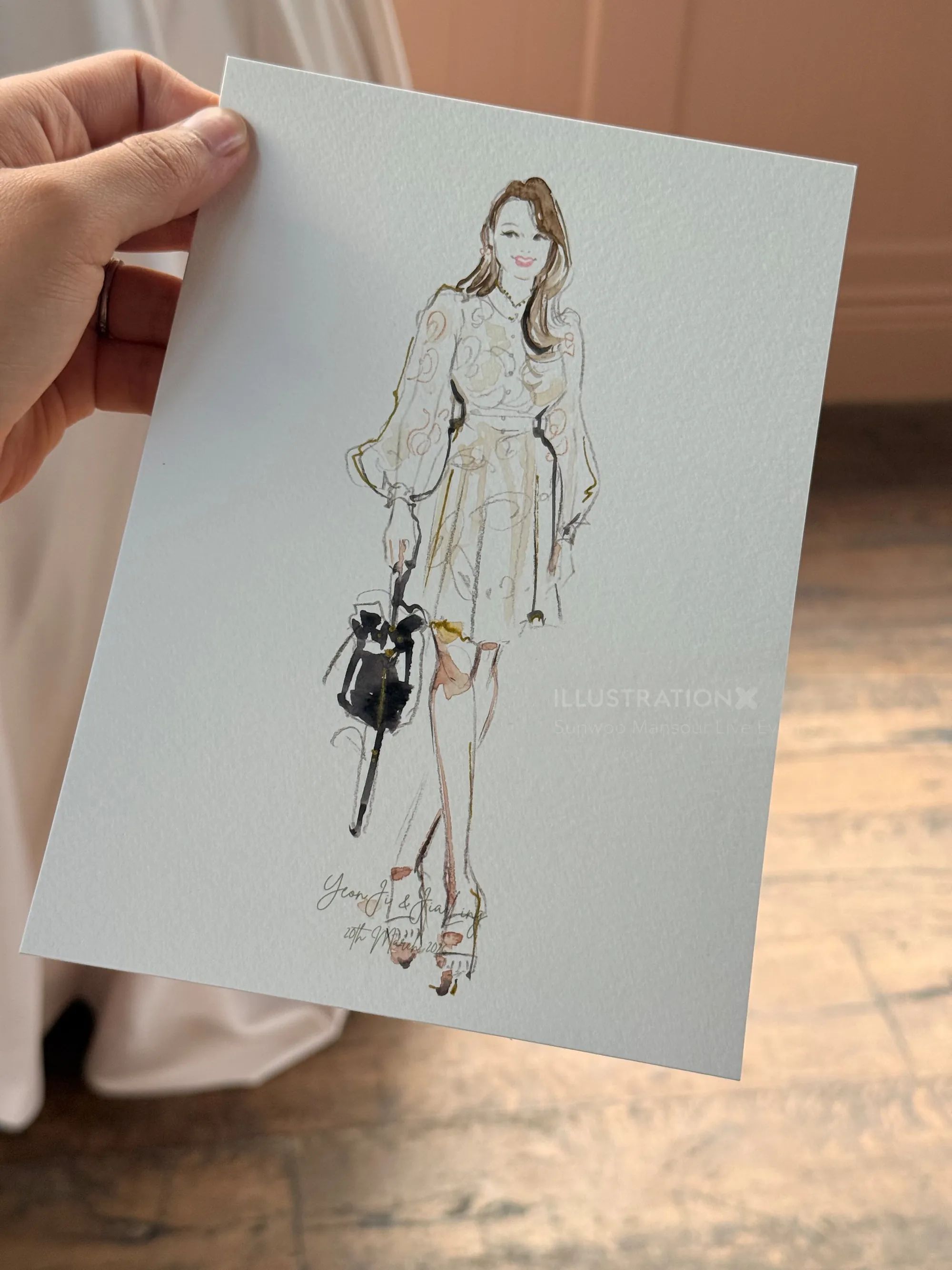 Live fashion illustration of woman in dress by Sunwoo Mansour