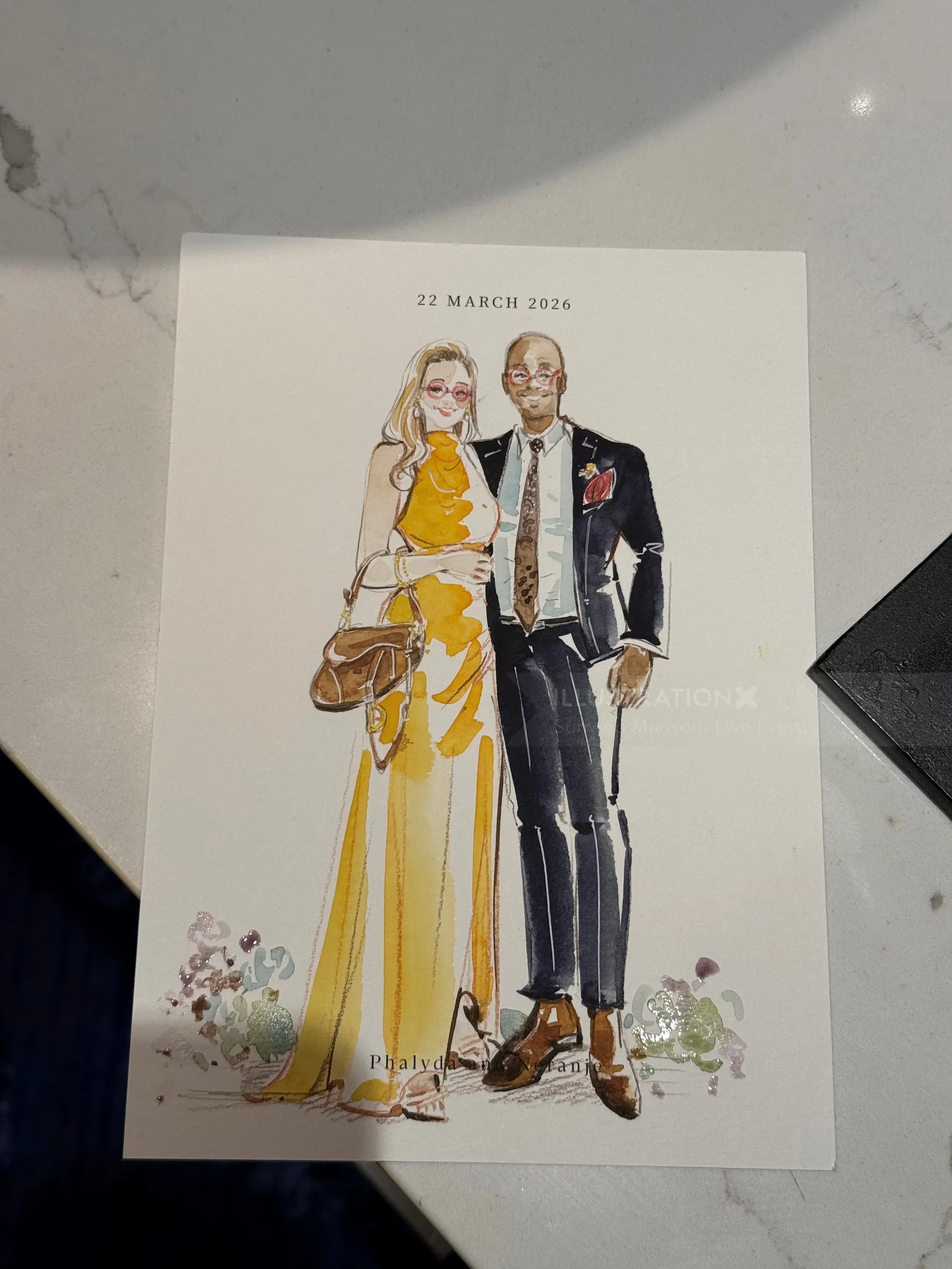Wedding couple in elegant attire with live fashion illustration by Sunwoo Mansour