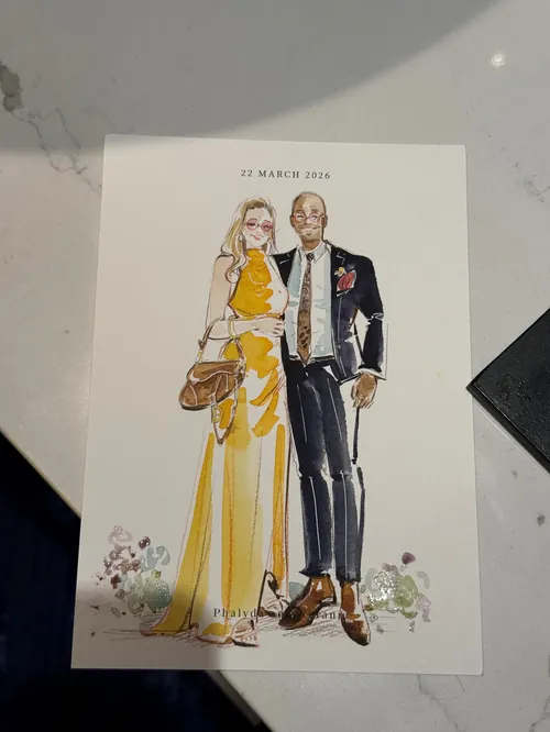Wedding couple in elegant attire with live fashion illustration by Sunwoo Mansour