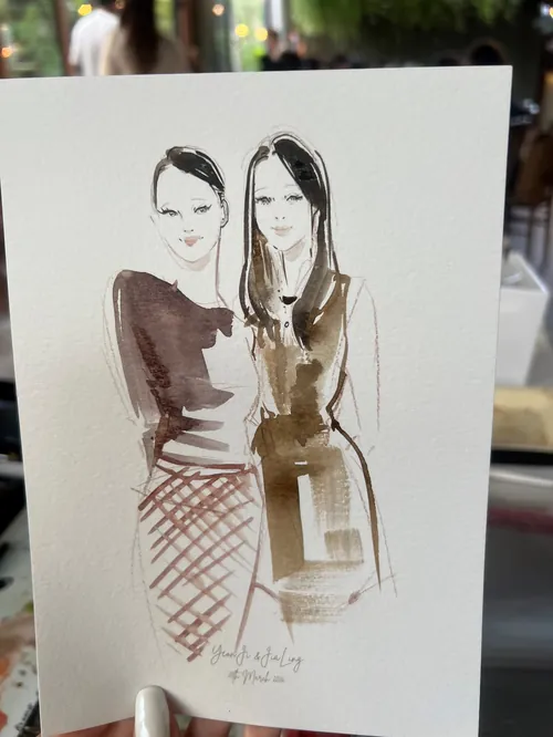 Live fashion illustration of two women at an event by Sunwoo Mansour