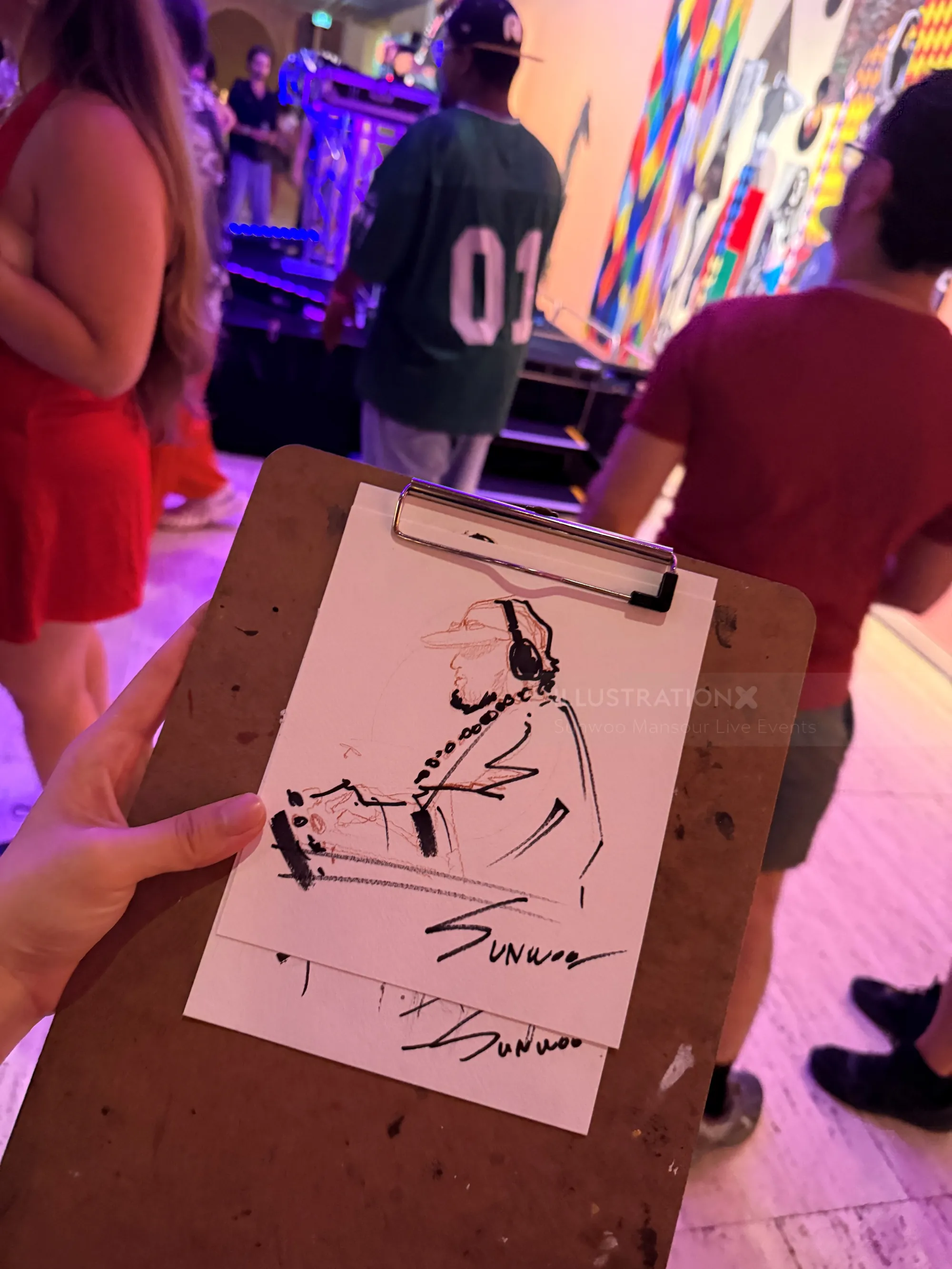 Sketch of DJ playing music during Pride celebration, artist Sunwoo Mansour