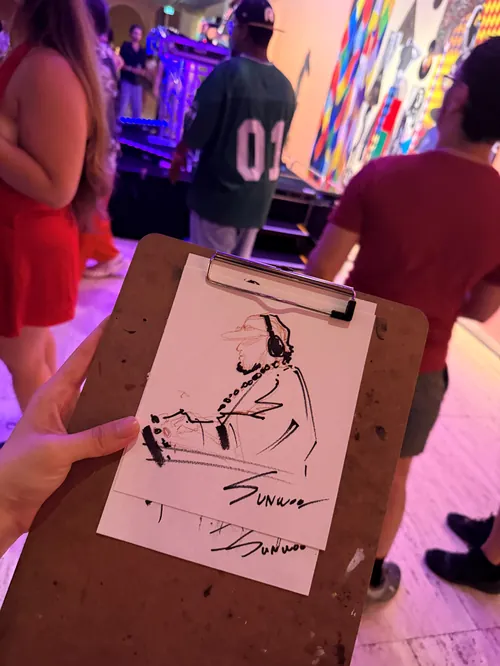 Sketch of DJ playing music during Pride celebration, artist Sunwoo Mansour