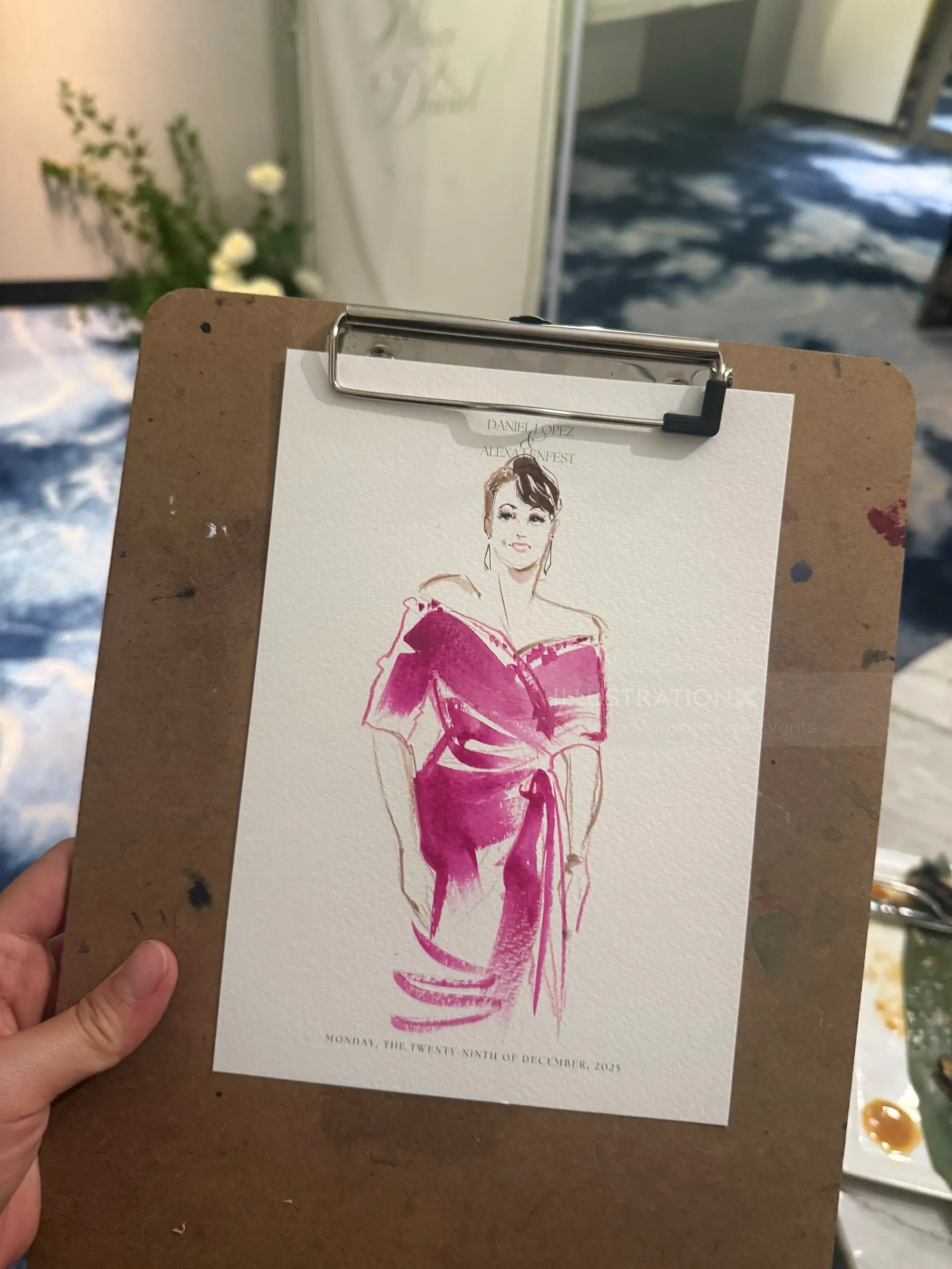 Fashion portrait sketch by Sunwoo Mansour Live Events on clipboard