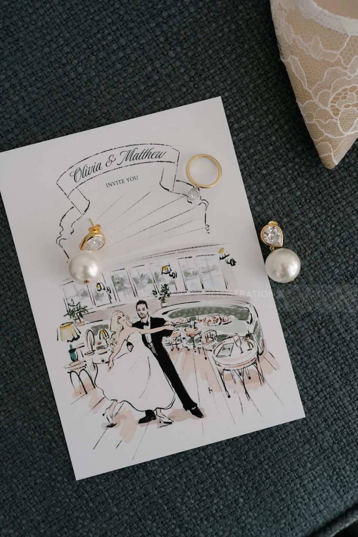 Wedding invitation design with bride and groom illustration by Sunwoo Mansour Live Events