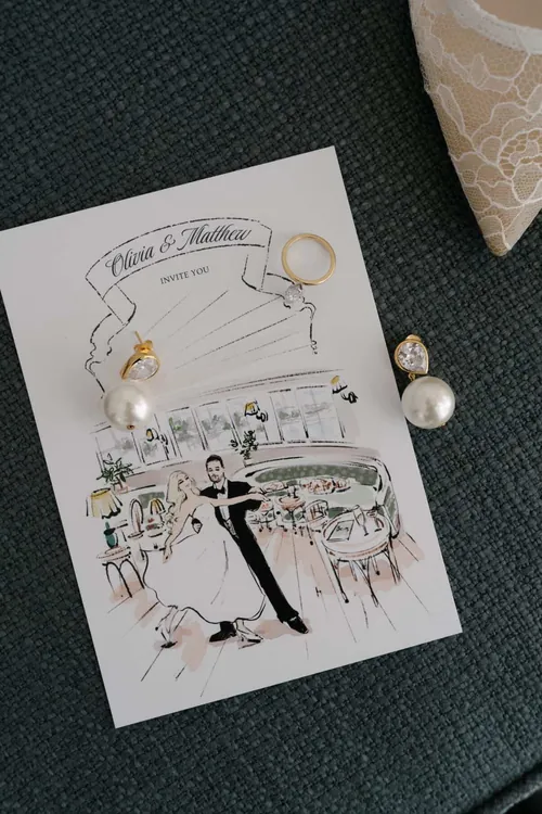 Wedding invitation design with bride and groom illustration by Sunwoo Mansour Live Events