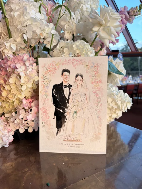 Wedding invitation card with bride and groom illustration on hydrangea flowers by Sunwoo Mansour Liv