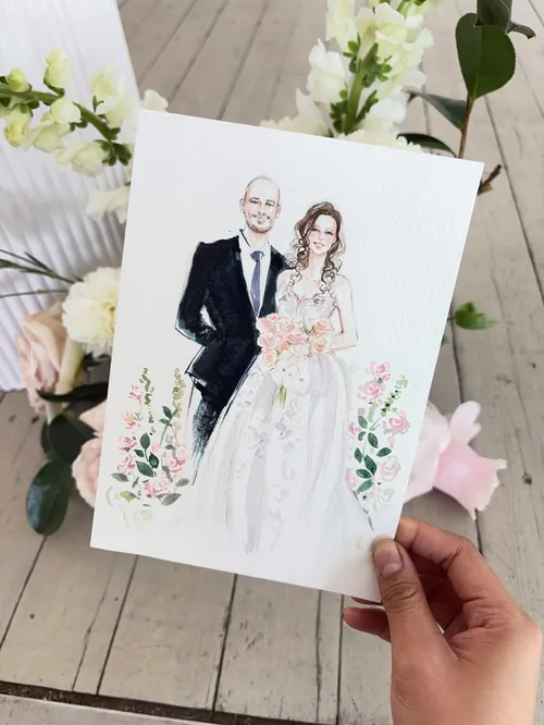Wedding portrait illustration of bride and groom with flowers by Sunwoo Mansour Live Events