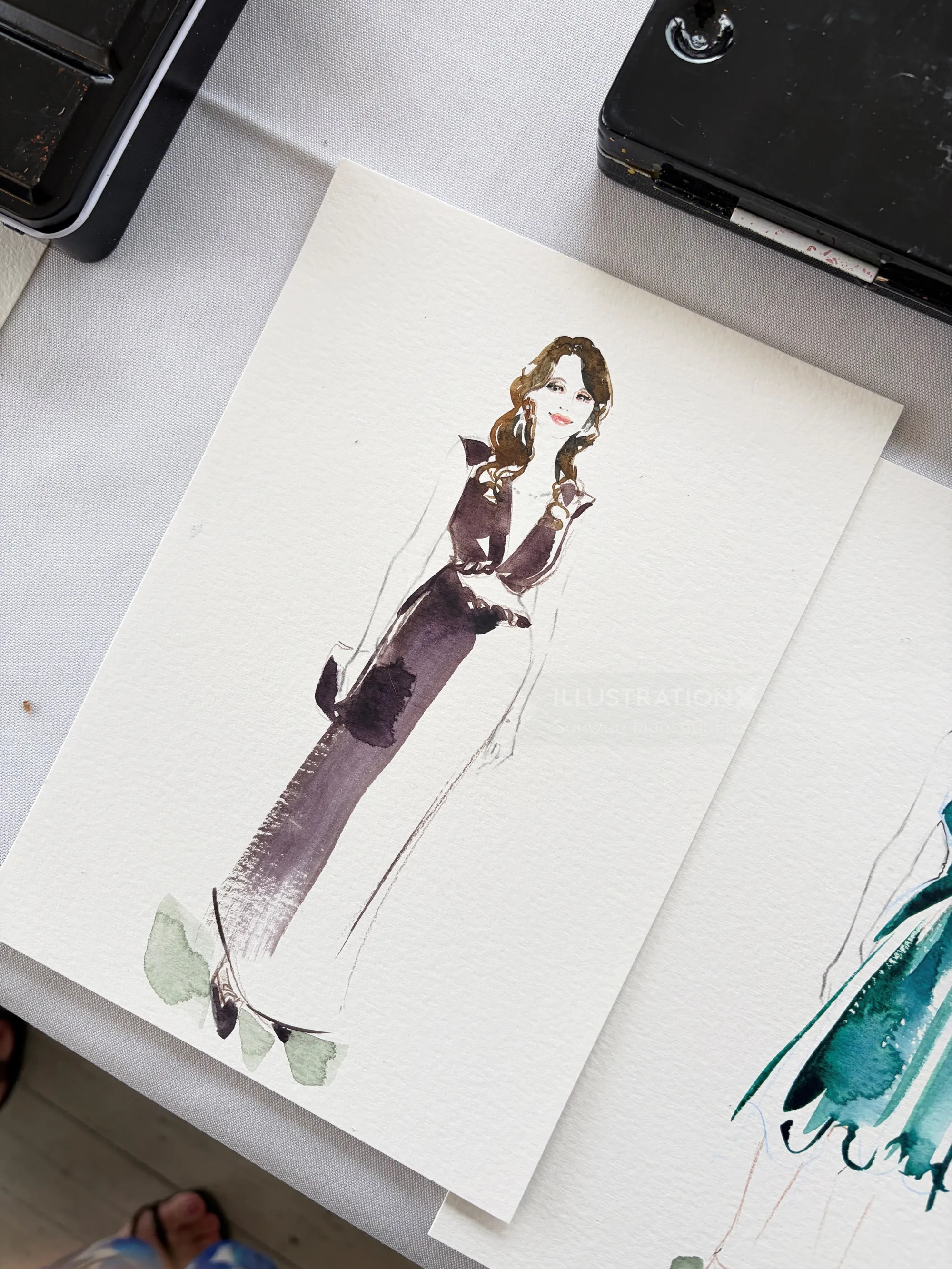 Watercolor portrait of a woman wearing a purple dress by Sunwoo Mansour Live Events