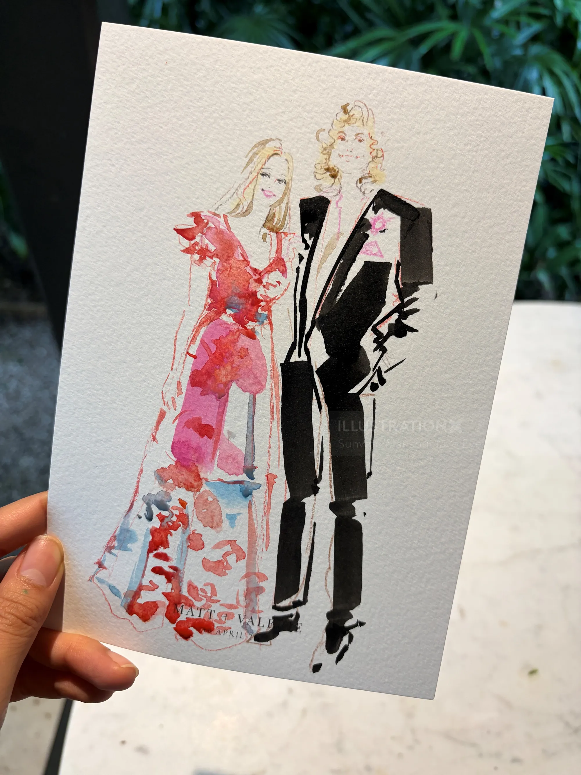 Fashion illustration of man in tuxedo and woman in floral dress by Sunwoo Mansour