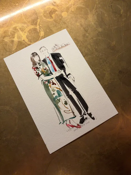 Watercolor illustration of bride and groom by Sunwoo Mansour