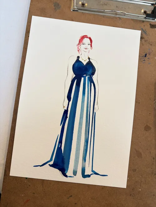 Watercolor fashion sketch of woman in blue dress by Sunwoo Mansour