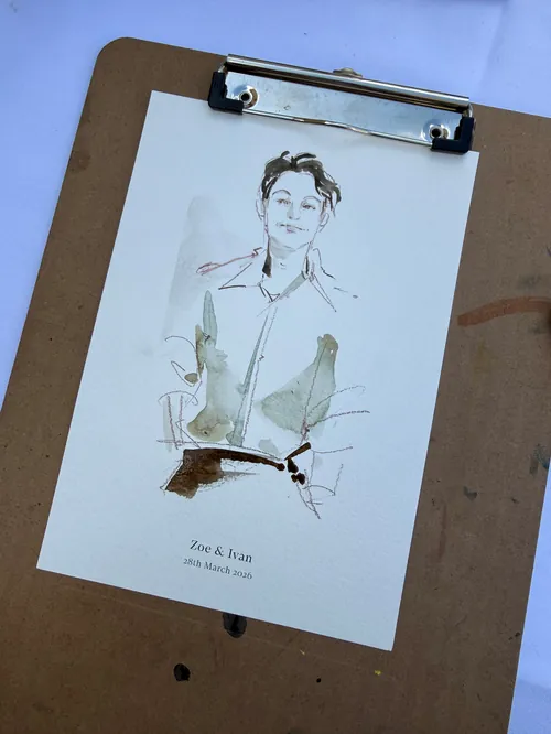 Live wedding caricature drawing by Sunwoo Mansour at Curzon Hall
