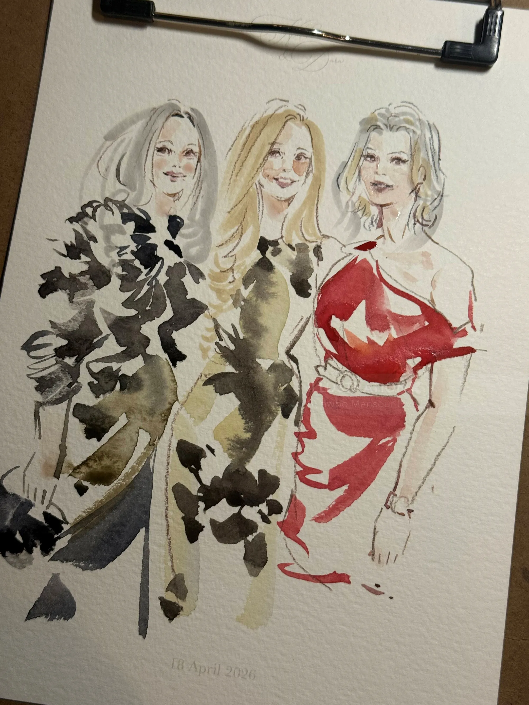 Aquarelle de Sunwoo Mansour représentant trois femmes en robes colorées