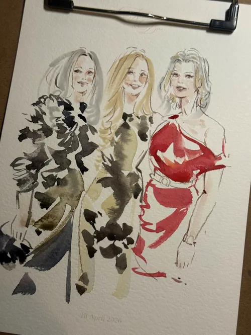 Watercolor painting of three women in colorful dresses by Sunwoo Mansour