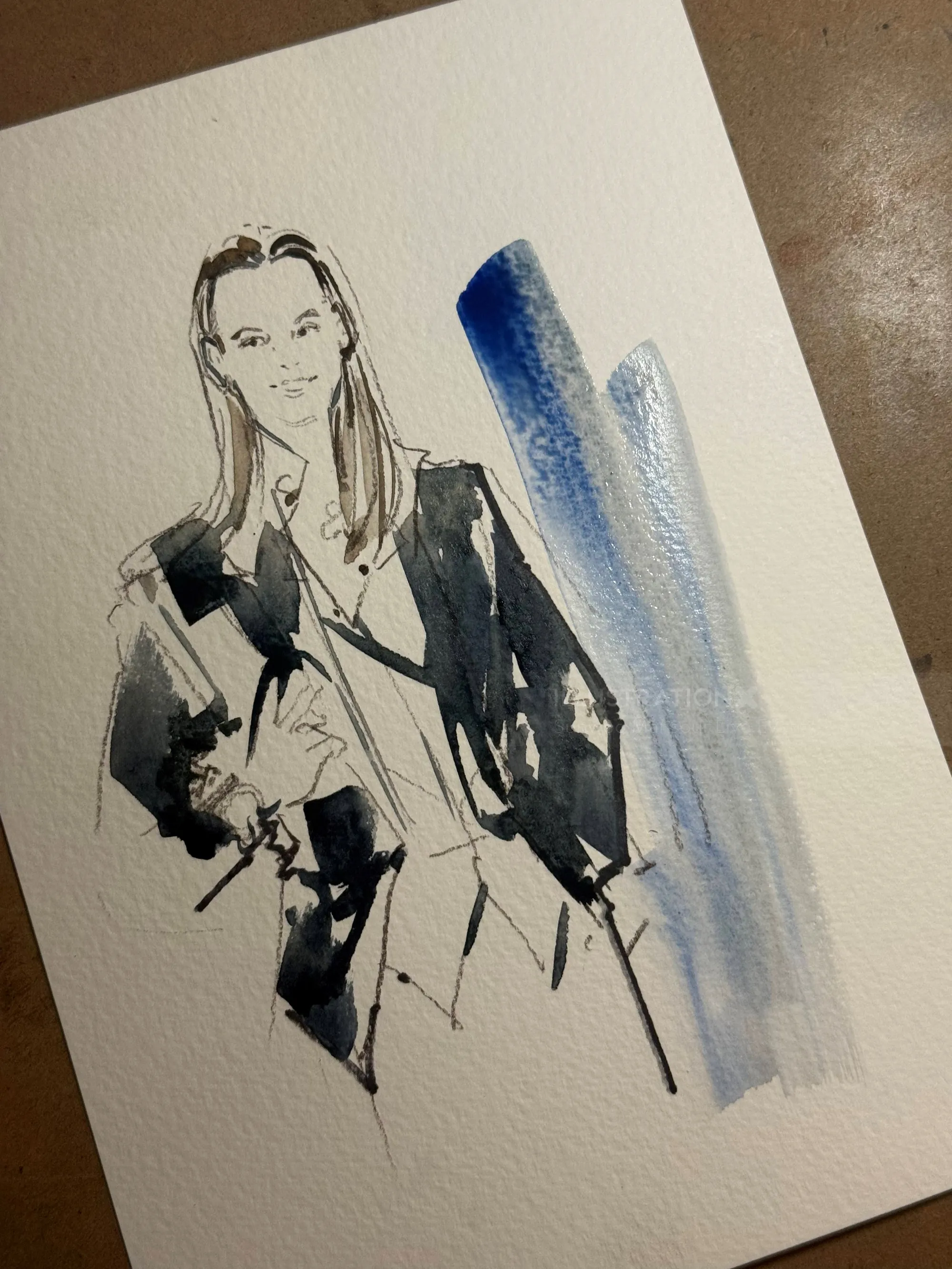 Boceto a tinta de una persona con aguada de acuarela azul, realizado por Sunwoo Mansour Live Events.