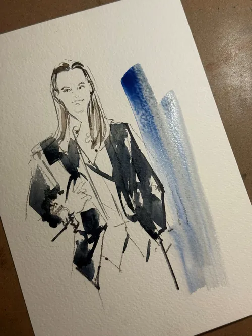 Ink sketch of a person with blue watercolor wash by Sunwoo Mansour Live Events