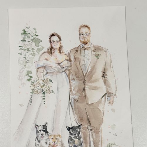 Watercolor painting of a formal couple with three dogs by Sunwoo Mansour