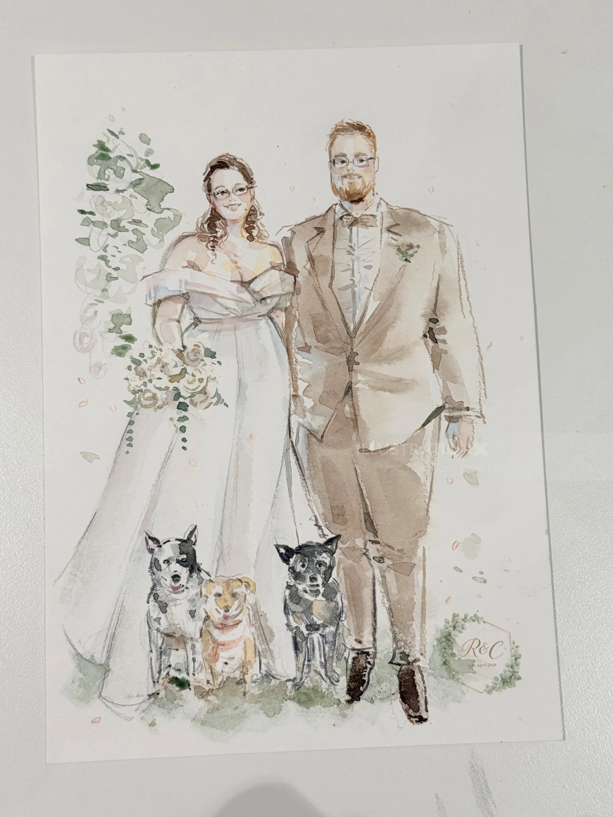 Pintura em aquarela de um casal formal com três cachorros, por Sunwoo Mansour.