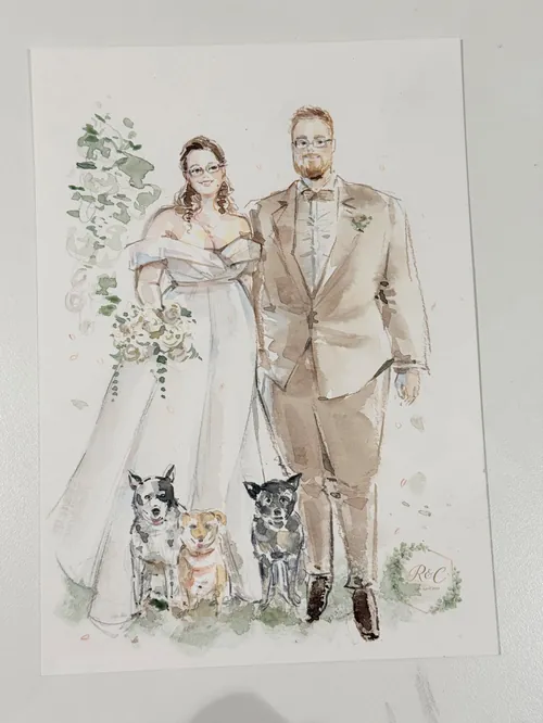Pintura em aquarela de um casal formal com três cachorros, por Sunwoo Mansour.