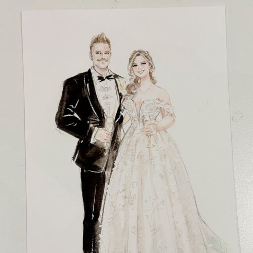 Watercolor painting of bride and groom in wedding attire by Sunwoo Mansour