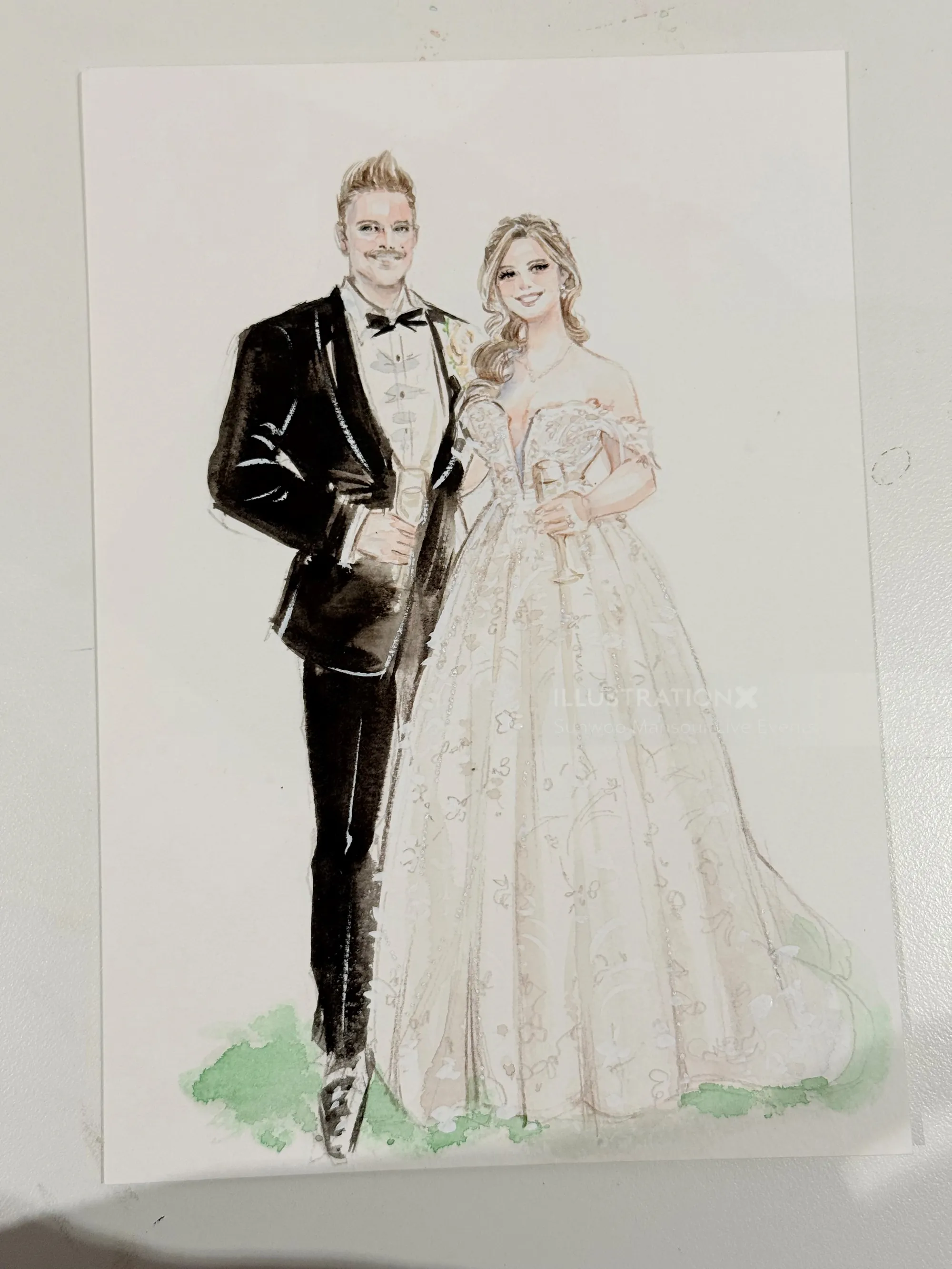 Watercolor painting of bride and groom in wedding attire by Sunwoo Mansour