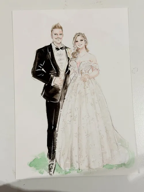 Pintura em aquarela de noivos em trajes de casamento por Sunwoo Mansour