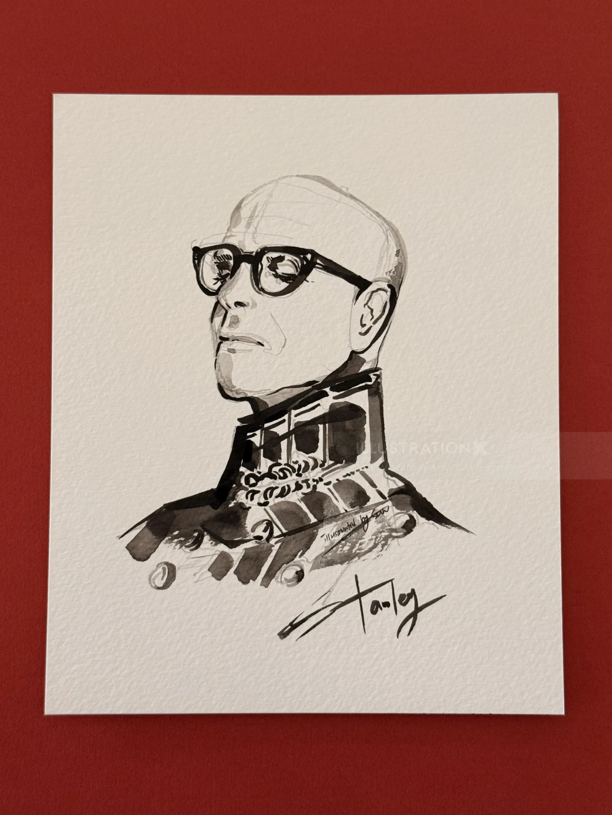 Ink portrait of a man with glasses and a high-collar outfit by Sunwoo Mansour