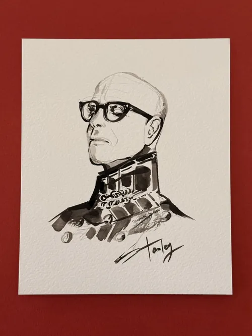 Ink portrait of a man with glasses and a high-collar outfit by Sunwoo Mansour