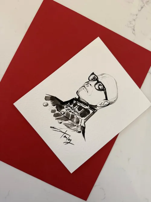 Black and white portrait sketch of a man wearing glasses and a hat by Sunwoo Mansour