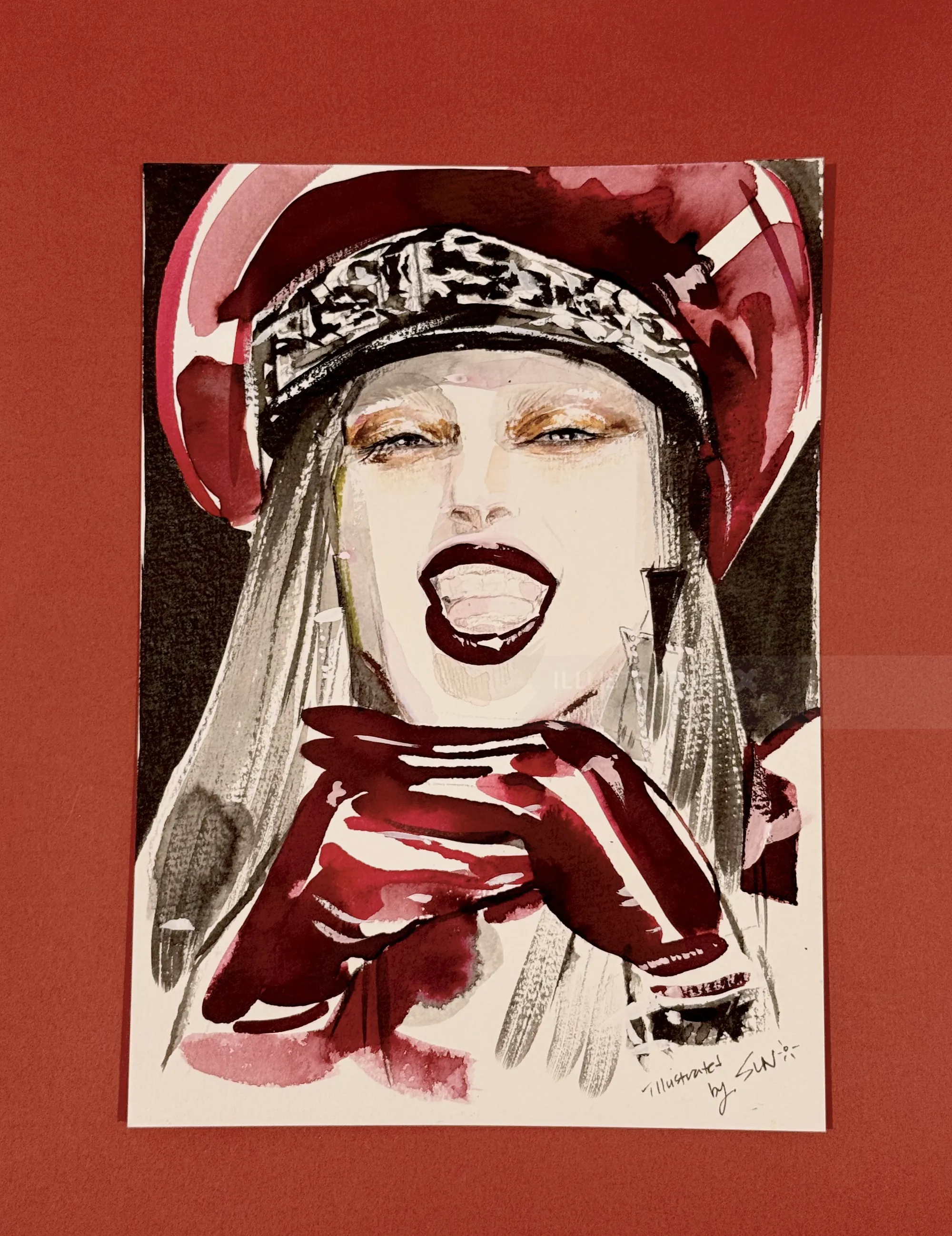 Ink portrait of a woman in red gloves and hat by Sunwoo Mansour