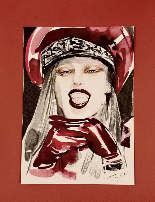 Ink portrait of a woman in red gloves and hat by Sunwoo Mansour