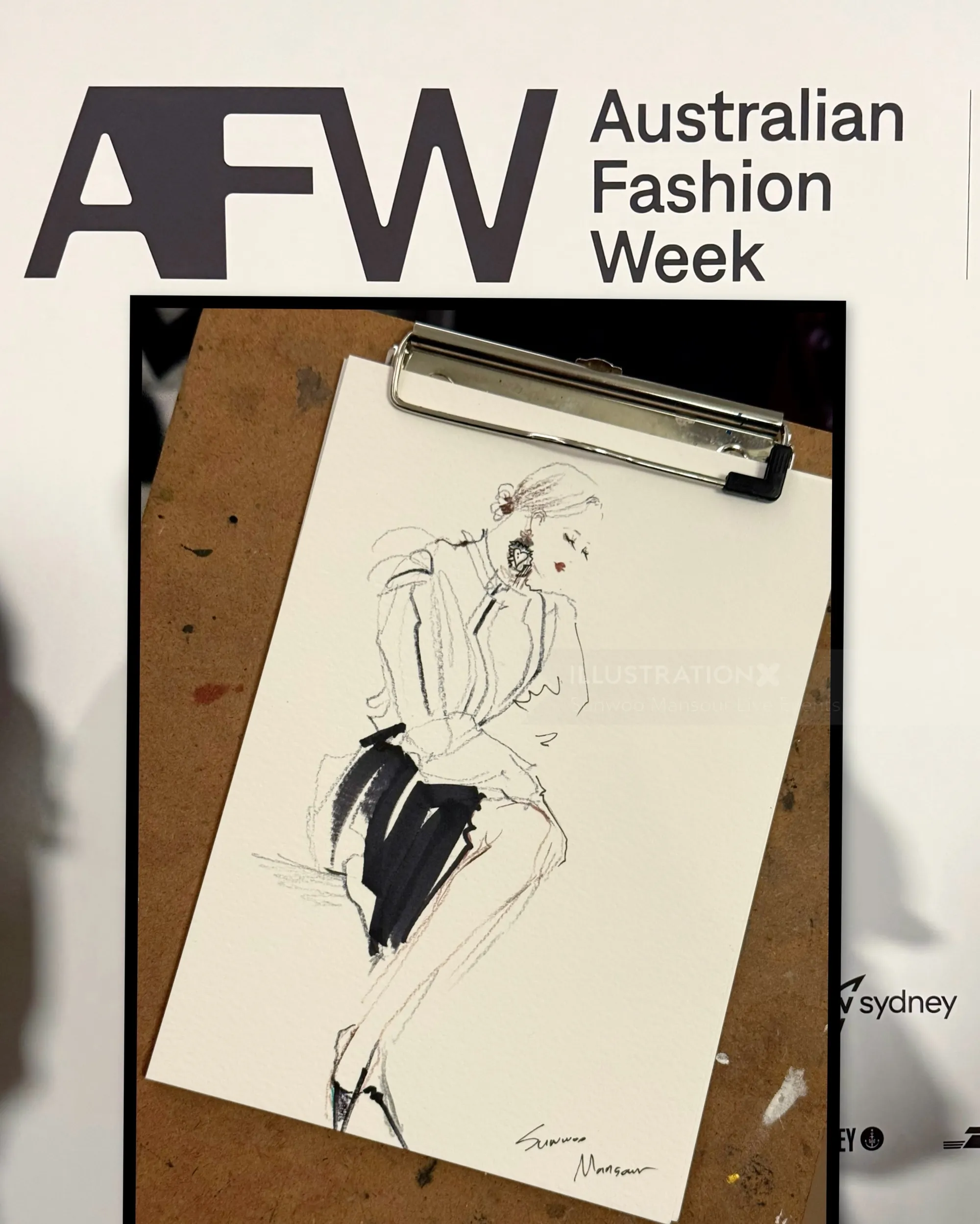 Live fashion illustration sketch by Sunwoo Mansour from Australian Fashion Week