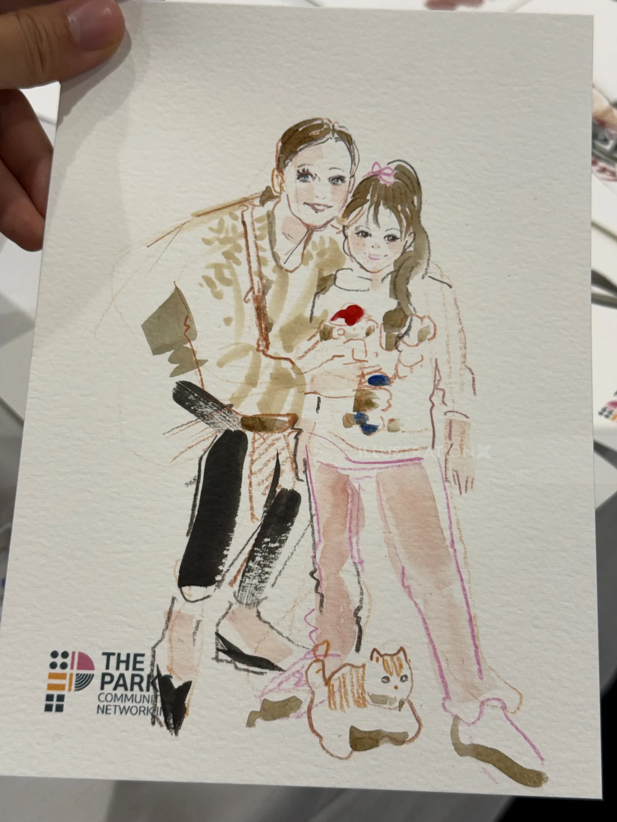 孙宇曼苏尔创作的水彩肖像画，画中一对夫妇和一只小狗依偎在一起。